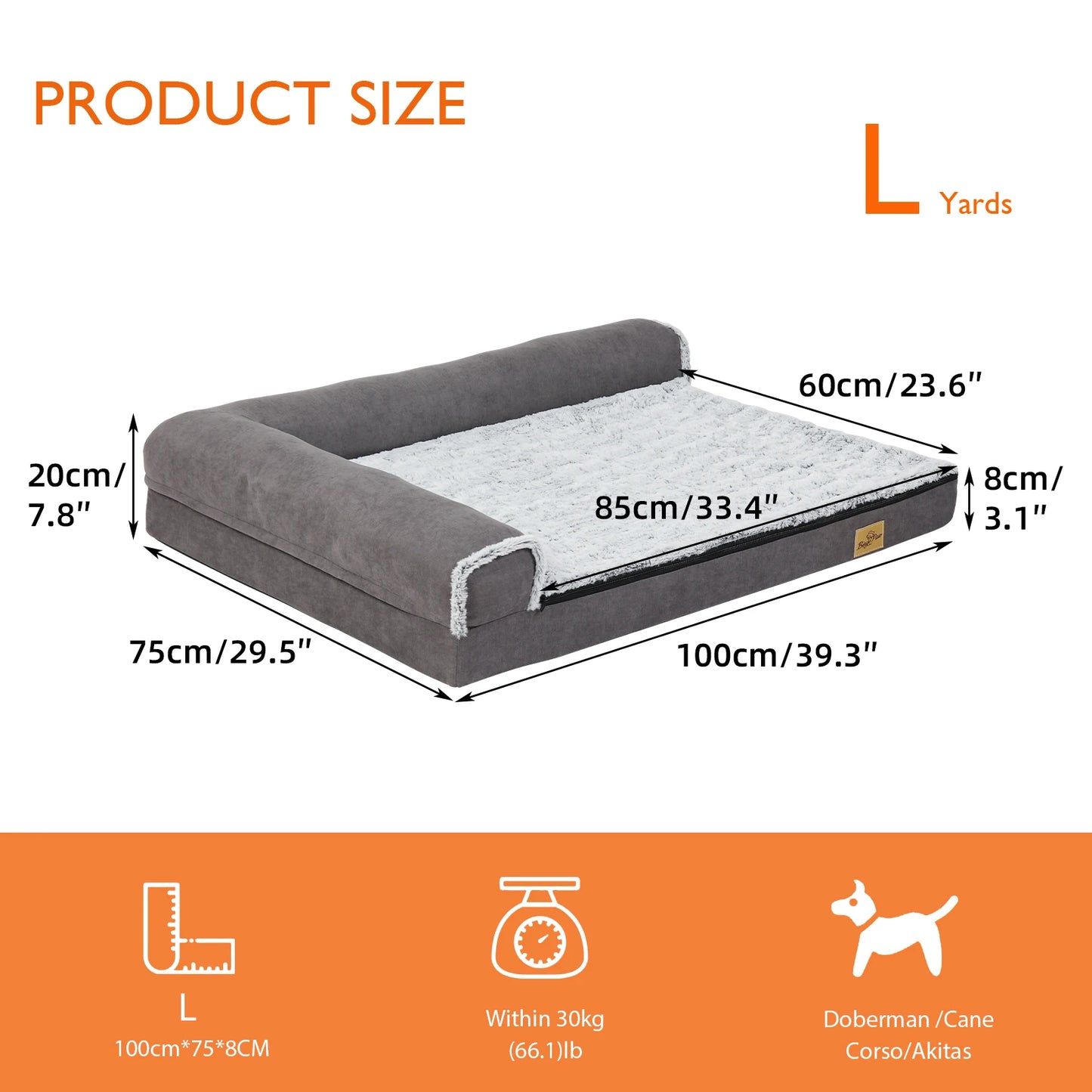 Bolster Dog Bed for Extra Large Dogs, Memory Foam Orthopedic L-Shape Dog beds with Removable Washable Cover Cozy Plush Dog Sofa